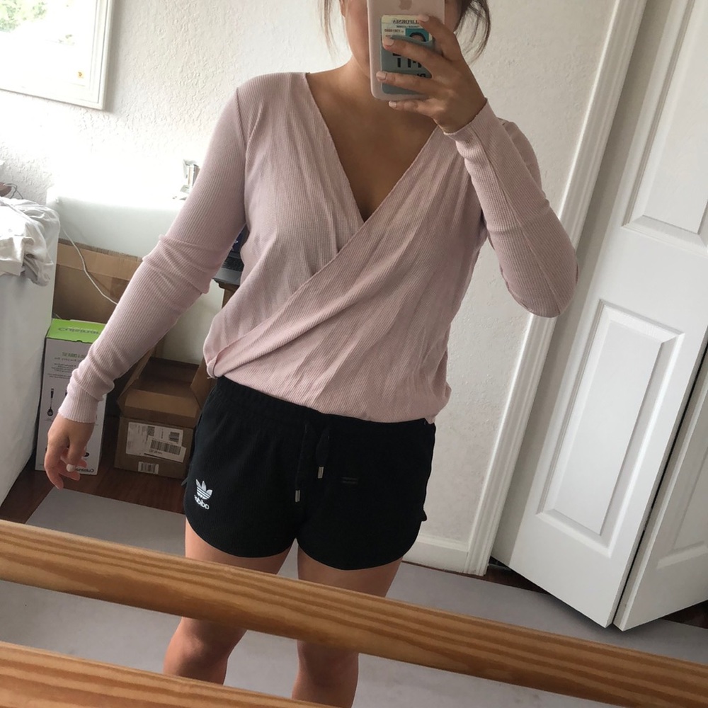 Pale pink ribbed wrap shirt